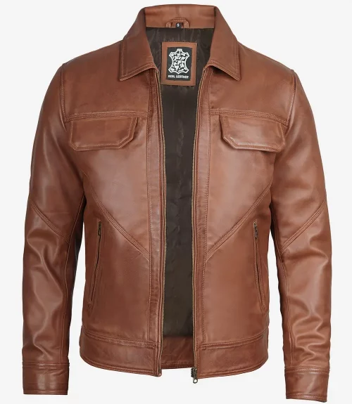 Men's Cognac Shirt Collar Trucker Leather Jacket