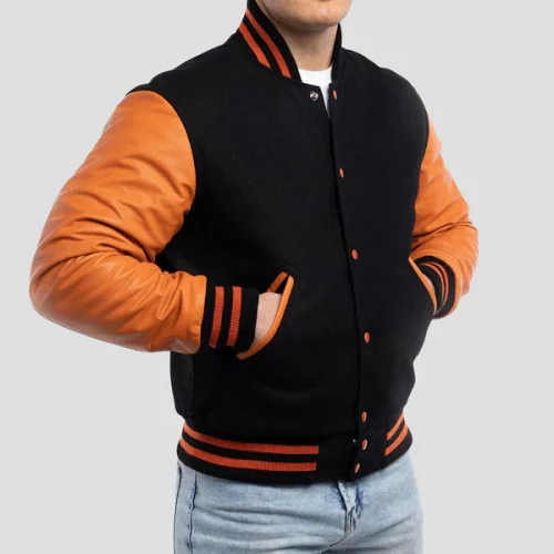 Men's Black and Orange Wool Varsity Jacket