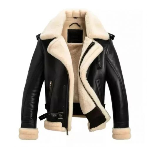 Men's Aviator Faux Shearling Black Bomber Leather Jacket