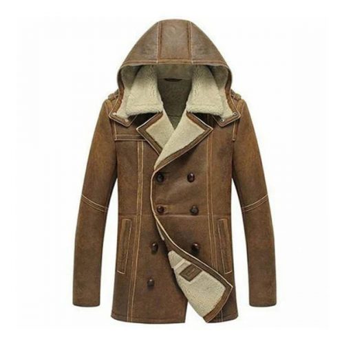 Men's B3 Hooded Shearling Real Brown Leather Coat