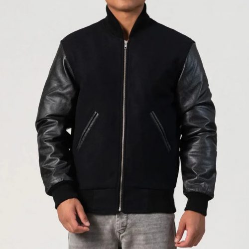 Men's Black Melton & Cowhide Wool Varsity Jacket