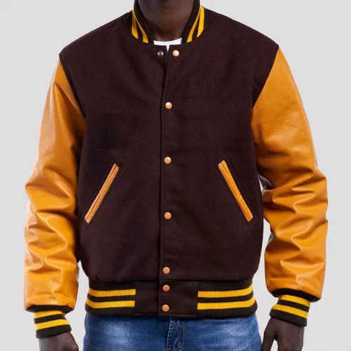 Men's Brown and Bright Gold Wool Varsity Jacket