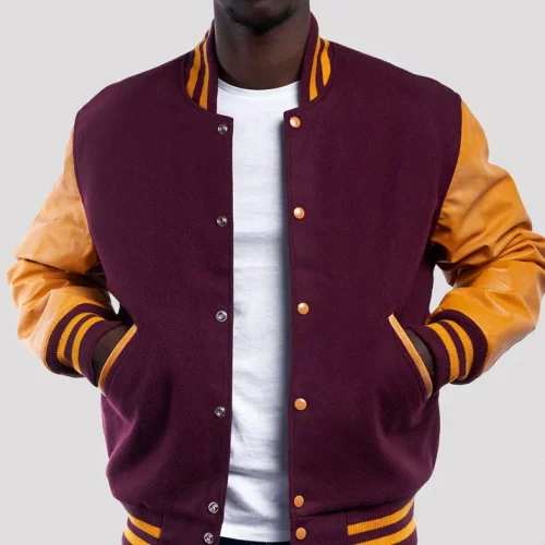 Men's Maroon and Bright Gold Wool Varsity Jacket