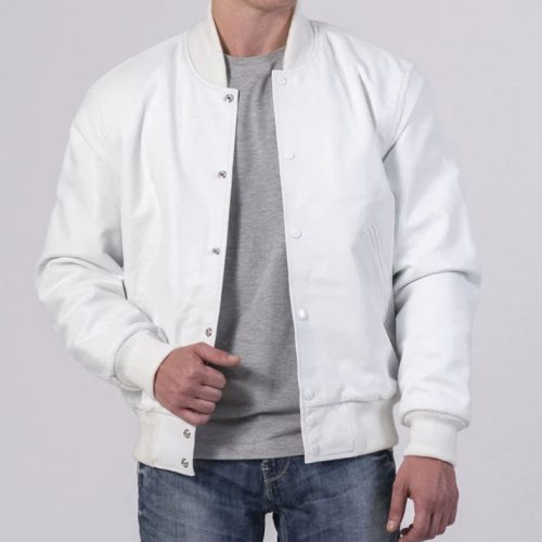 Men's Full White Leather Varsity Jacket