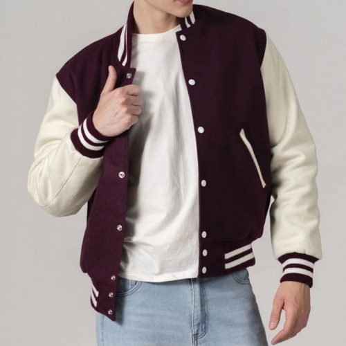 Men's Customizable Maroon & White All-Wool Varsity Jacket