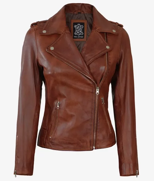 Women's Asymmetrical Cognac Distressed Moto Leather Jacket