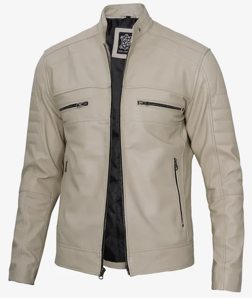 Men's Classic Beige Cafe Racer Leather Jacket