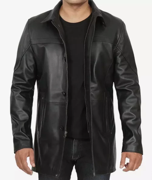 Bristol Men's Black Real Leather Car Coat - 3/4 Length Coat