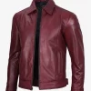 Men's Maroon Shirt Collar Leather Jacket