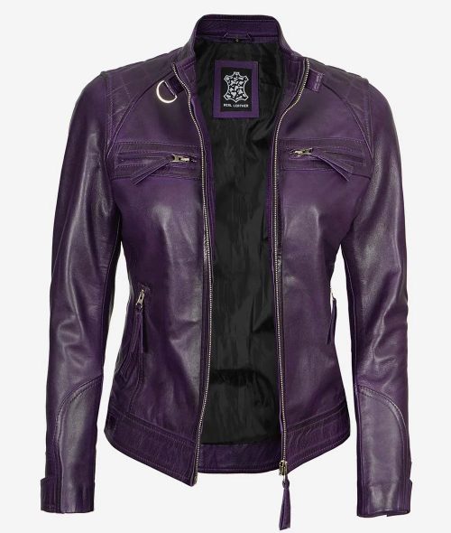 Women's Purple Cafe Racer Leather Jacket | Quilted Shoulder