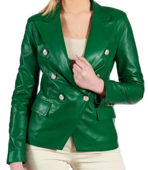 Women's Double Breasted Green Leather Coat