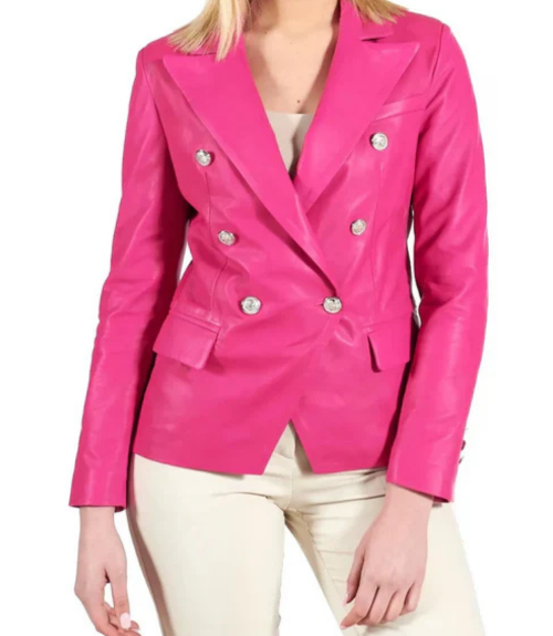 Women's Double Breasted Pink Leather Coat