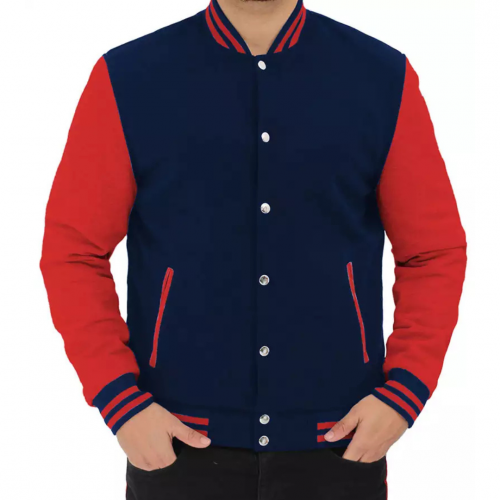 Men's Red and Navy Blue Varsity Jacket - Baseball-Style Jacket