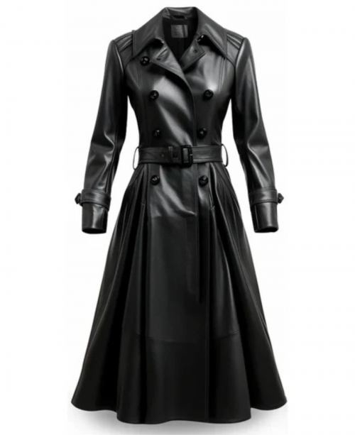 Women's Black Bravura Long Leather Coat
