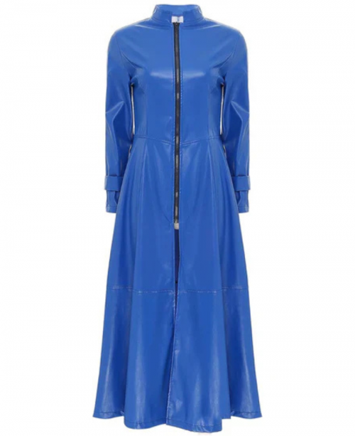 Women's Blue Ankle-Length Leather Trench Coat