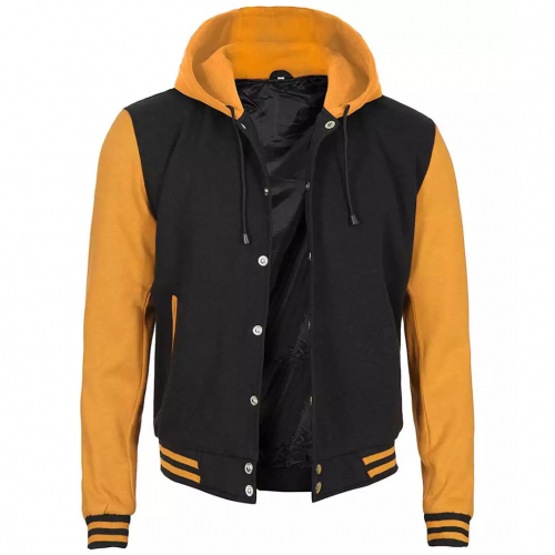 Mens Black And Yellow Letterman Varsity Jacket with Hood