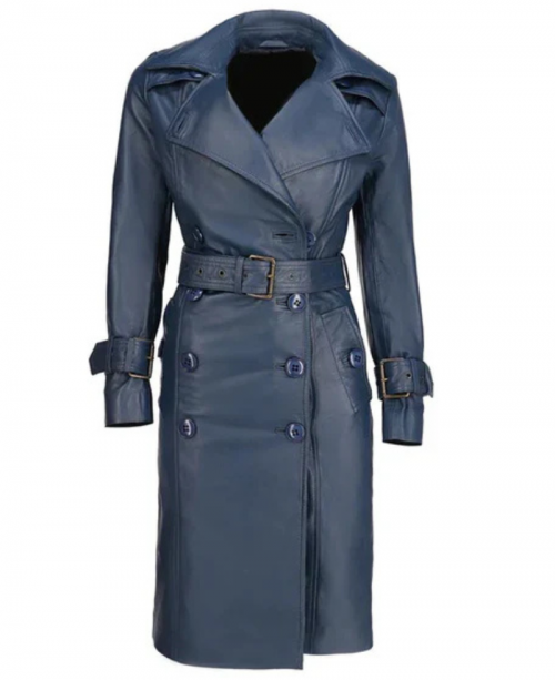 Women's Blue Double-Breasted Leather Coat