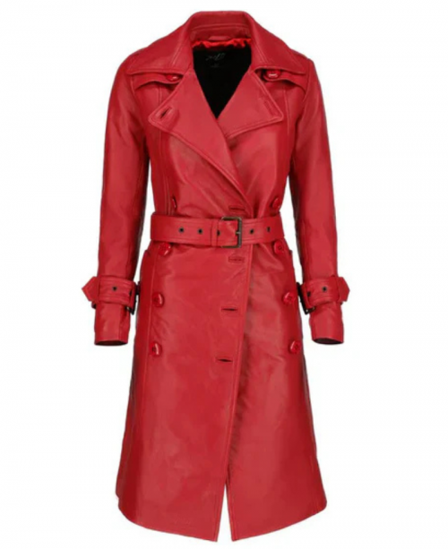 Women's Red Double-Breasted Leather Coat