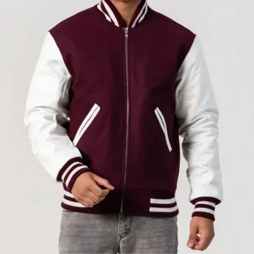 Men's Maroon and White Wool Varsity Jacket