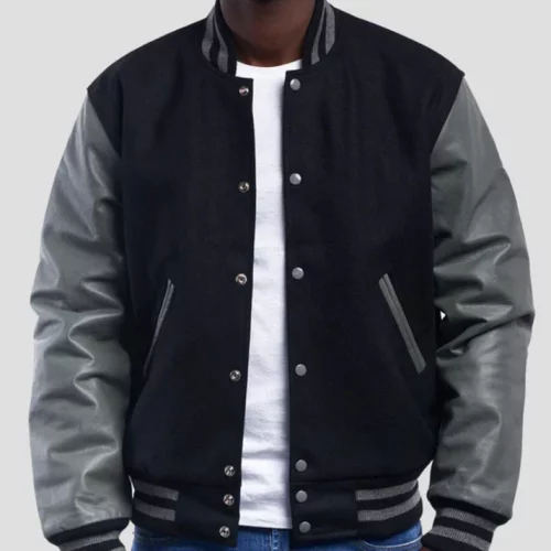 Black Wool Varsity Jacket with Grey Leather Sleeves