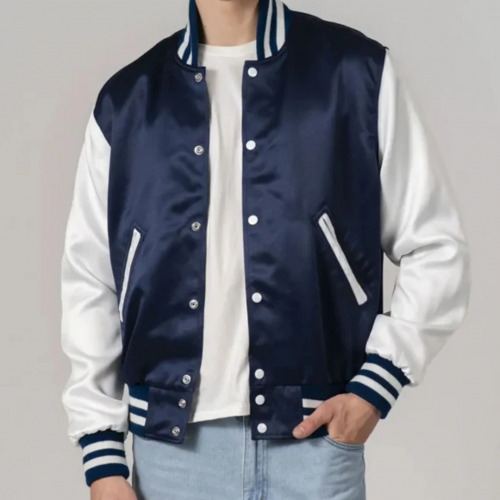Navy Blue Satin Jacket with White Sleeves