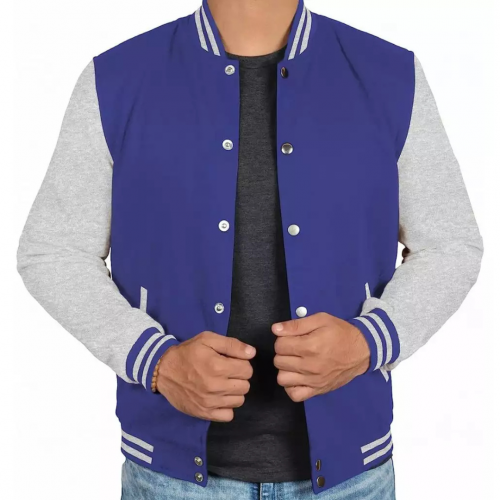 Men's Blue and Grey Varsity Jacket - Baseball Style Jacket