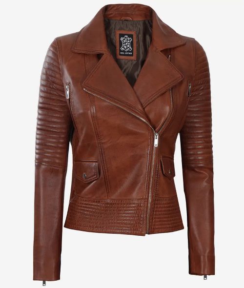 Women's Cognac Quilted Style Leather Moto Jacket