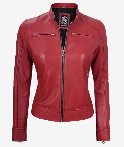 Women's Red Real Leather Moto Jacket