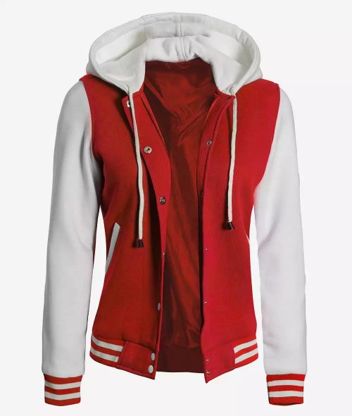 Women's Red and White Varsity Hooded Jacket - Baseball Style