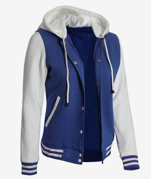 Women's Royal Blue and White Letterman Hooded Jacket