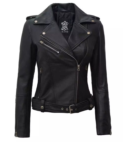 Margaret Women's Asymmetrical Black Belted Biker Leather Jacket