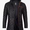 Men's Quilted Black Diamond Leather Car Coat - Brown Detailing