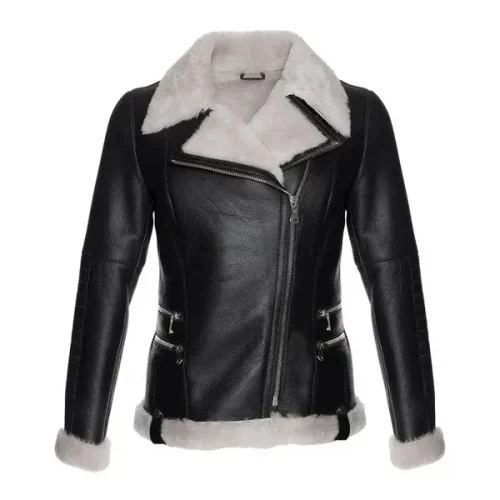 Women's Black Merino Wool White Faux Fur Shearling Leather Jacket