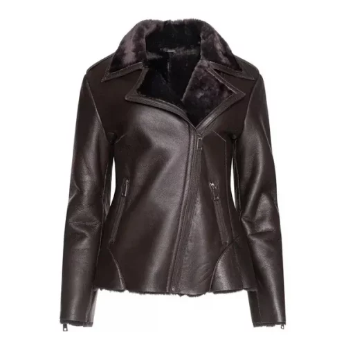 Women's Brown Shearling Straight Moto Leather Jacket