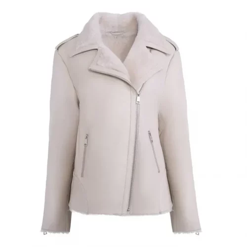 Women's White Shearling Straight Moto Leather Jacket