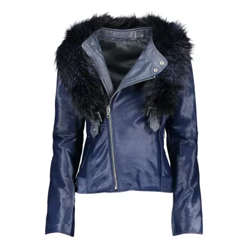 Women's Blue Tara Calf Faux Shearling Leather Jacket