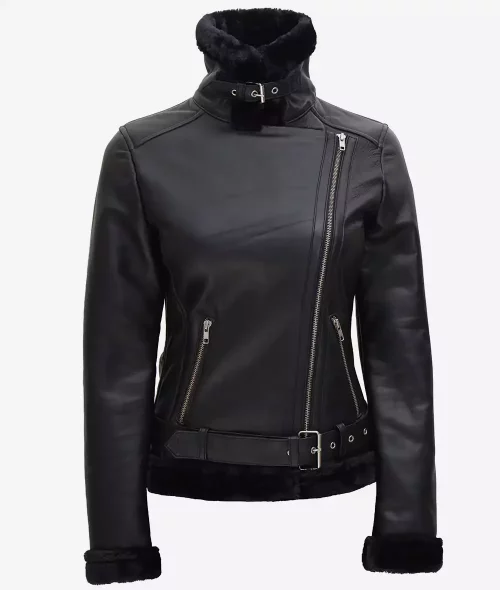 Women's Black Shearling Moto Leather Jacket