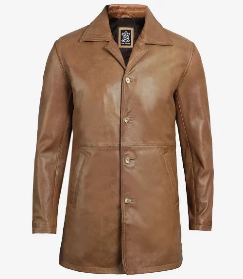 Men's Camel Brown Real Leather 3/4 Length Car Coat
