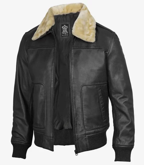 Men's Fur Collar Black Leather Bomber Jacket