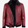 Men's Shearling Maroon Leather Bomber Jacket with a Belted Waist