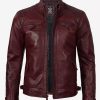 Men's Real Lambskin Leather Maroon Biker Jacket with Quilted Shoulders