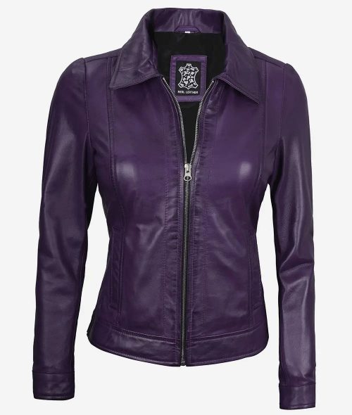 Women's Purple Shirt Collar Leather Jacket