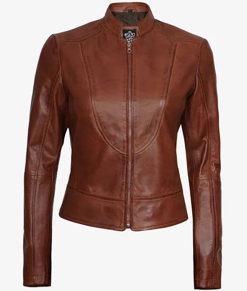 Women's Cognac Slim Fit Leather Biker Jacket