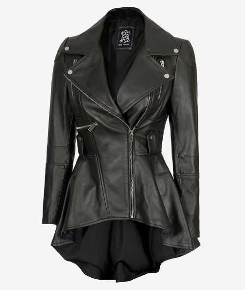 Women's Asymmetrical Peplum Black Leather Jacket