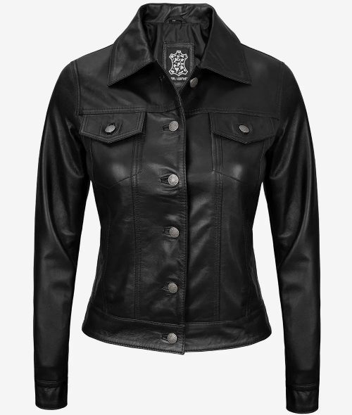 Women's Black Four-Pocket Lambskin Leather Trucker Jacket