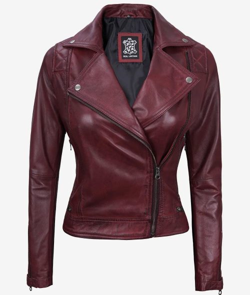 Women's Maroon Real Lambskin Moto Leather Jacket