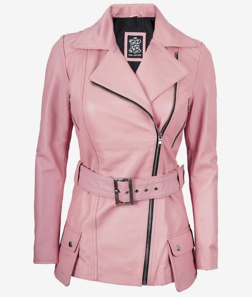 Women's Pink Belted Moto Real Leather Jacket
