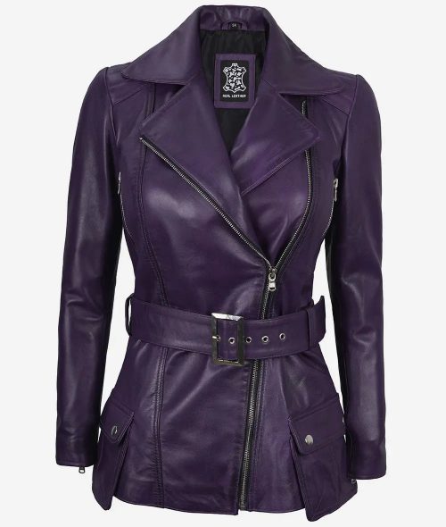 Women's Purple Asymmetrical Belted Moto Leather Jacket