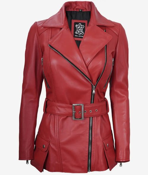 Women's Red Belted Motorcycle Leather Jacket