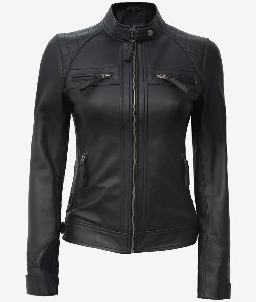 Women's Black Cafe Racer Leather Jacket | Quilted Shoulder